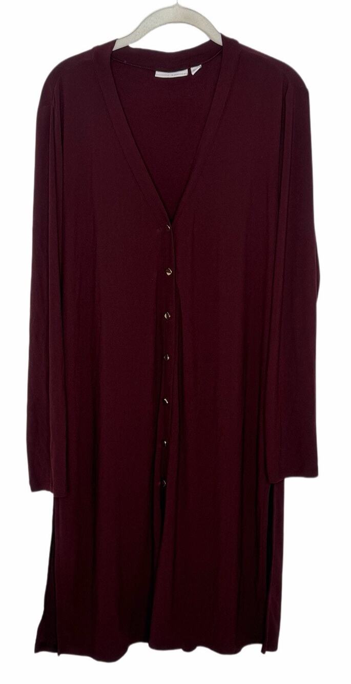 Susan Graver Womens Burgundy V Neck Button Front Long Liquid Knit Cardigan Sz L